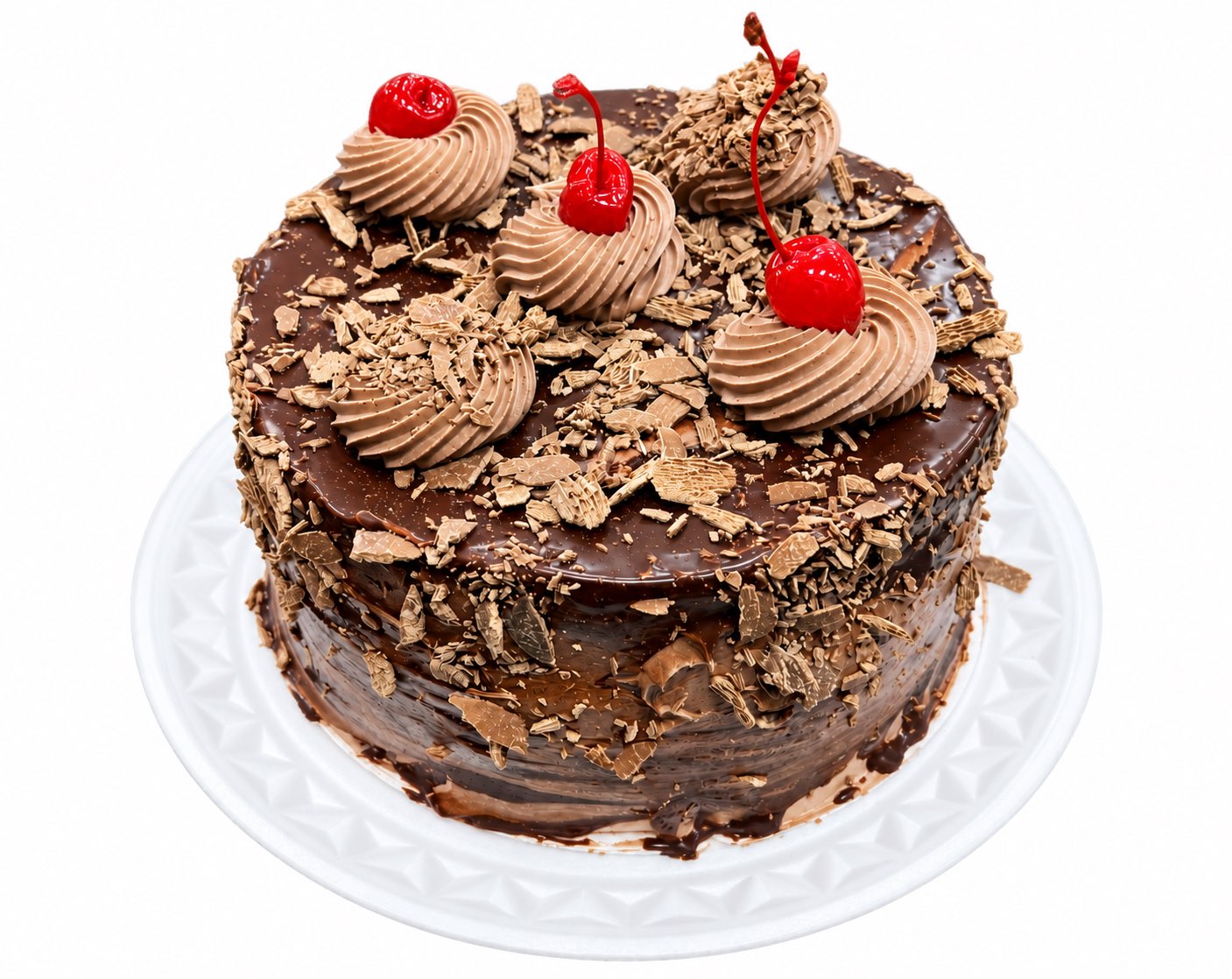 Bolo confeitado com raspas de chocolate e cerejas