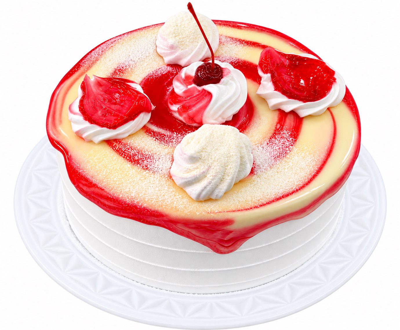 Bolo confeitado com calda vermelha e creme